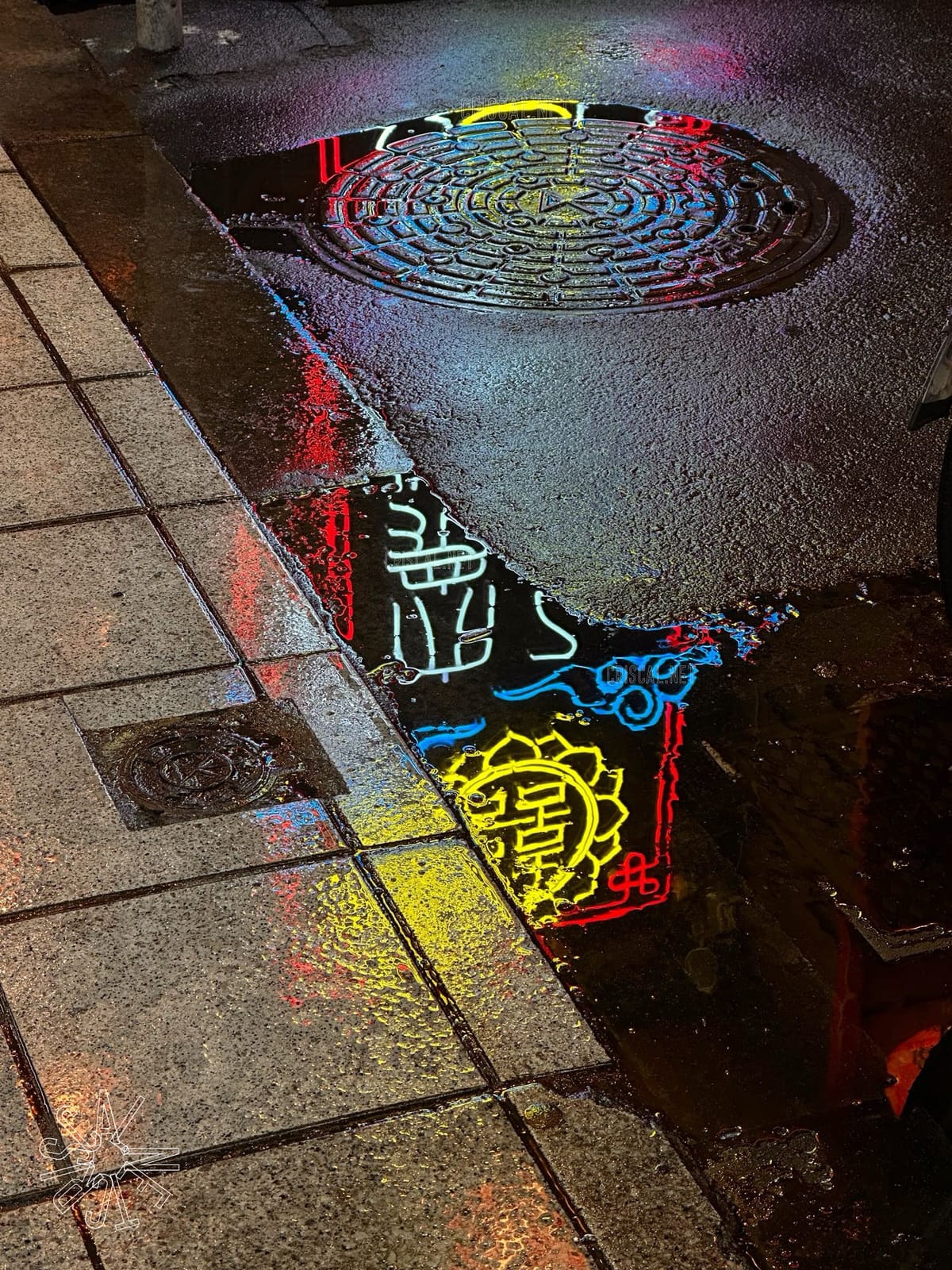 Wet pavement reflecting colorful neon signs in red, yellow, and blue beside a manhole cover, creating a glowing scene at night.